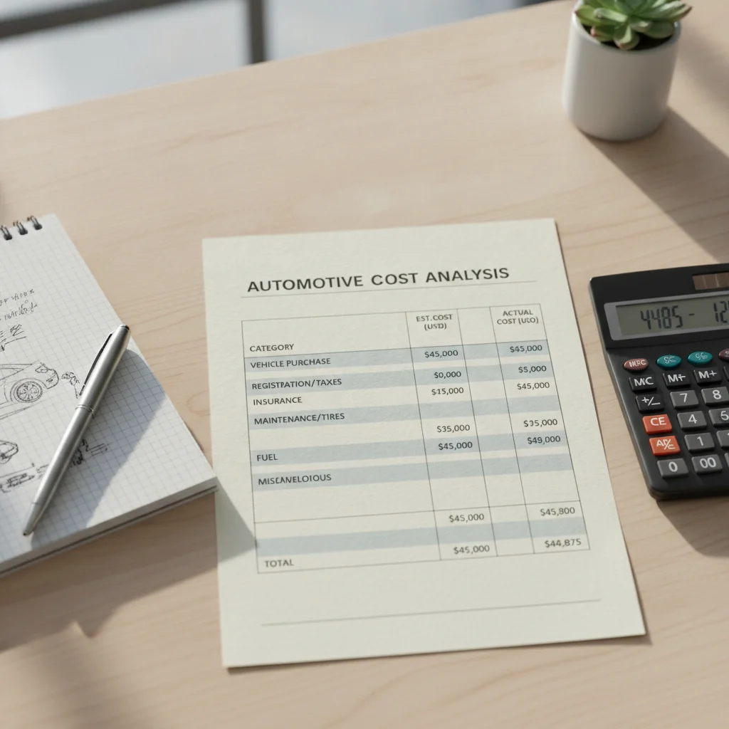 Overhead view of a maintenance cost breakdown chart on a desk with a calculator and notebook