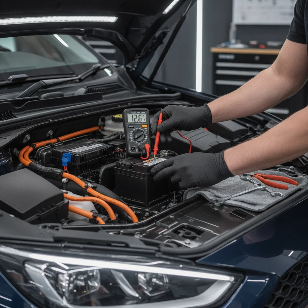 Technician's hands inspecting a 12-volt auxiliary battery in an electric vehicle