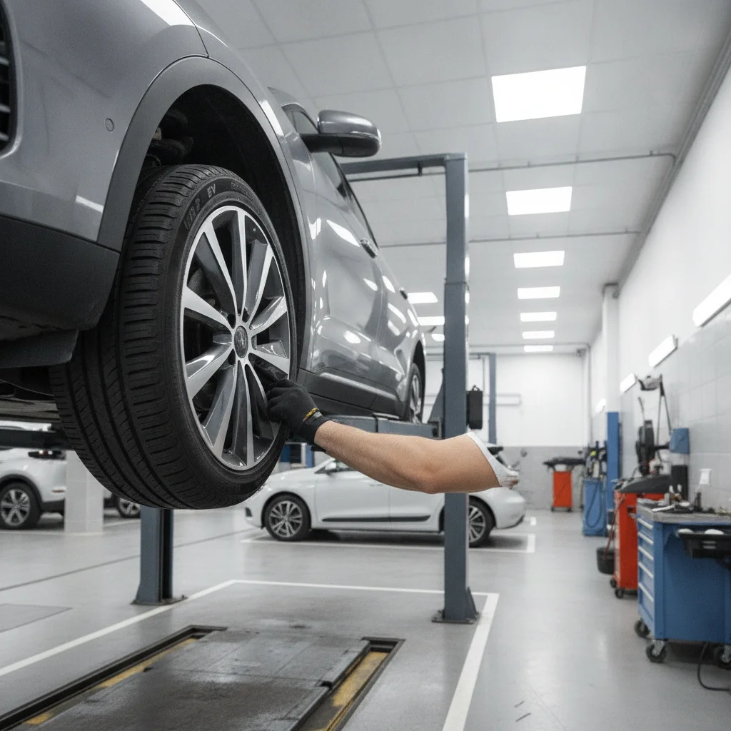 Electric vehicle tire being installed on a lift in a modern tire service shop