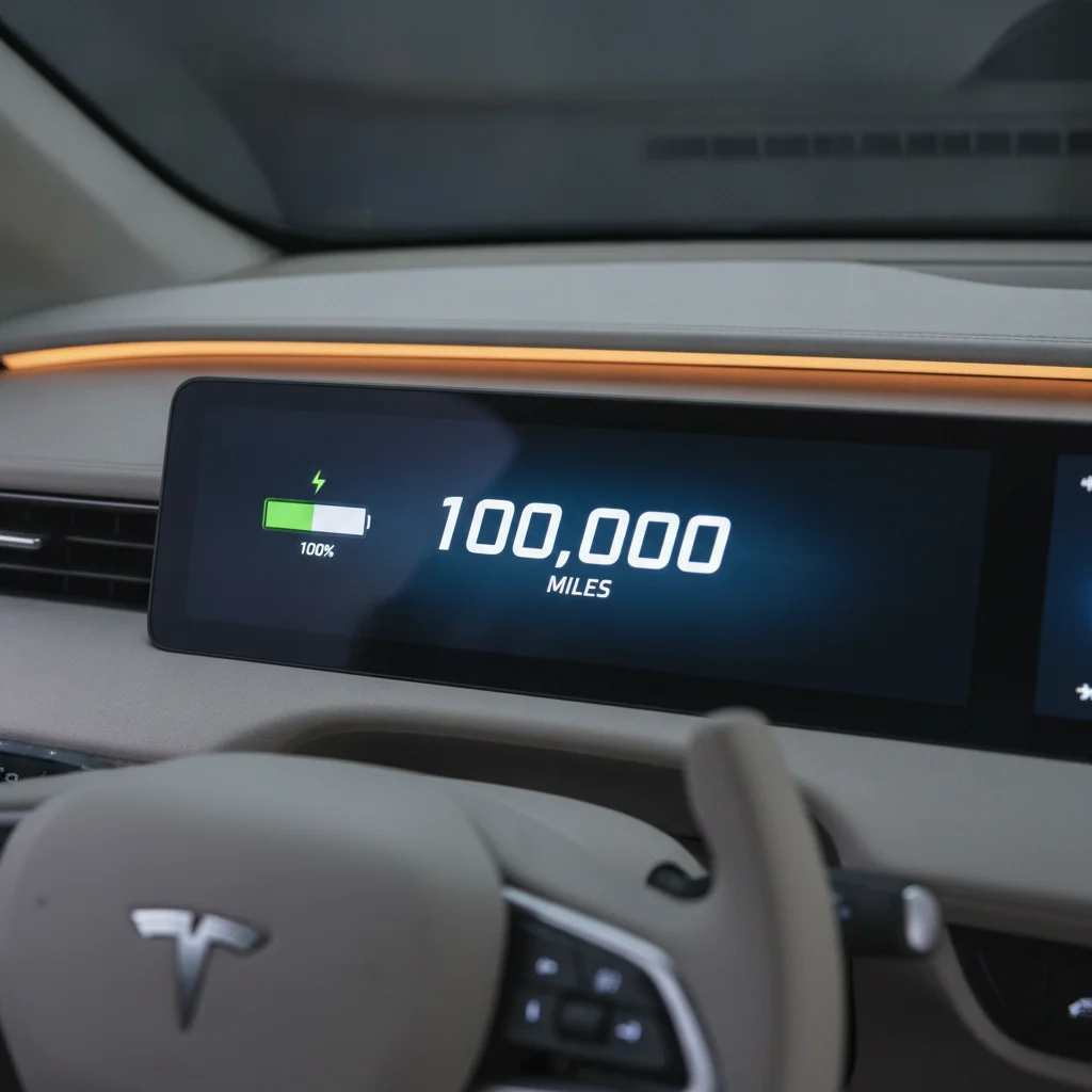 EV dashboard displaying 100,000 mile odometer reading with battery level indicator visible