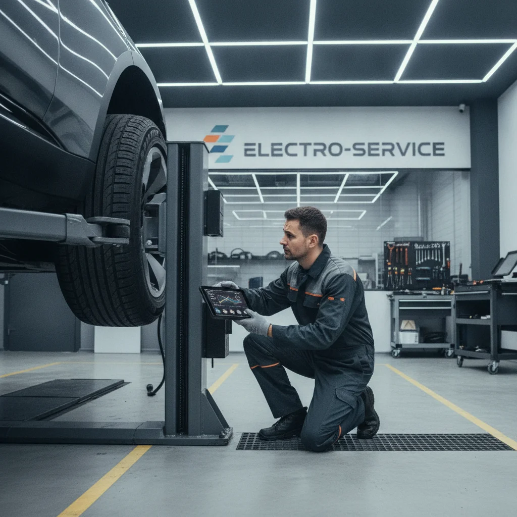 Automotive technician inspecting electric vehicle tire wear patterns on a service lift