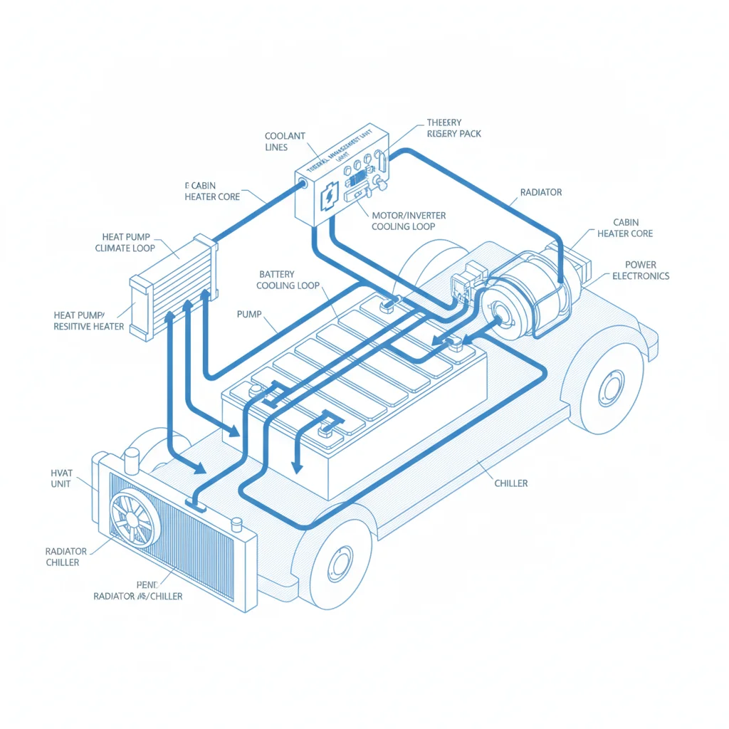 Diagram showing electric vehicle thermal management coolant loops around battery pack and motor