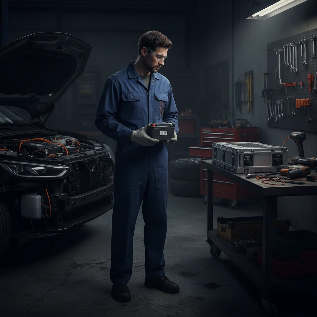 Mechanic comparing 12-volt auxiliary battery to larger EV battery module in automotive workshop