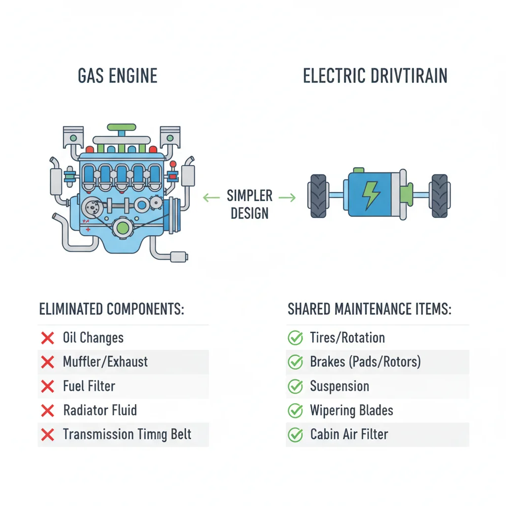 Comparison diagram showing gas engine components versus electric vehicle drivetrain with shared maintenance items highlighted