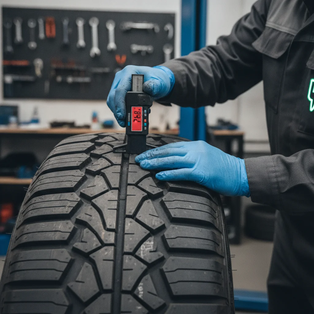 Mechanic measuring tire tread depth on an electric vehicle in a service workshop