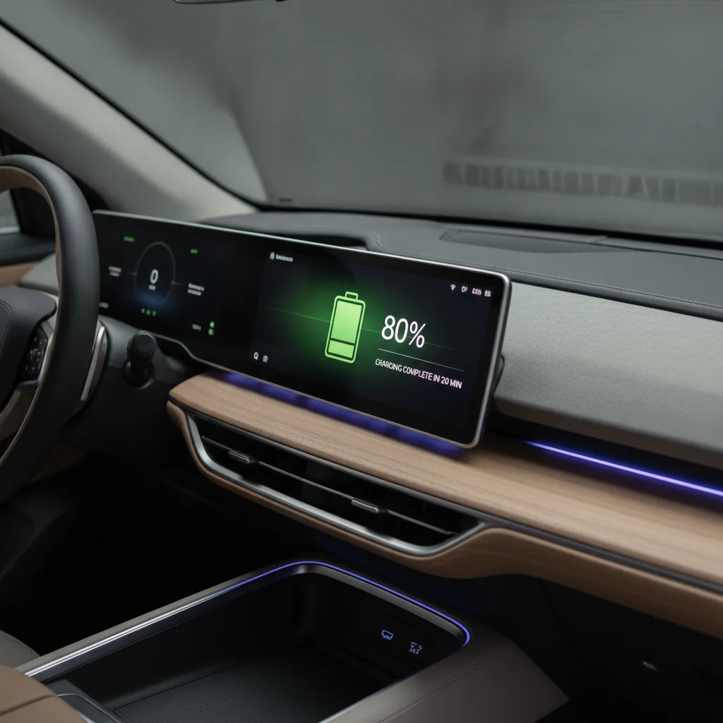 EV dashboard screen displaying battery charge level at 80 percent with charging status indicator