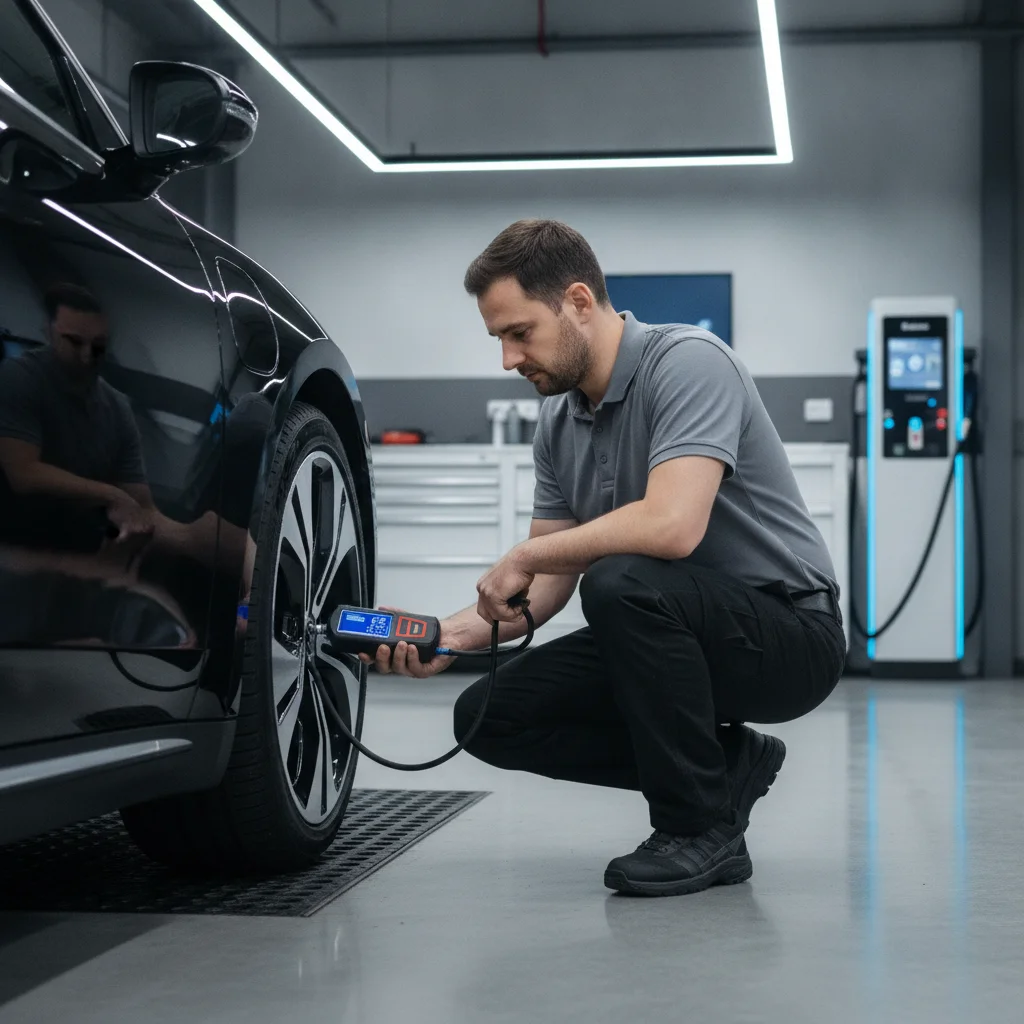 Technician checking tire pressure on an electric vehicle in a clean service bay with digital gauge