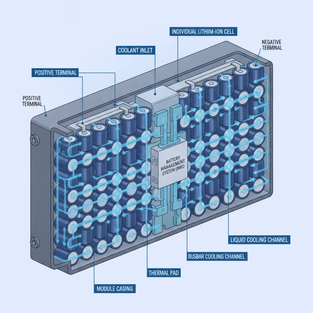 Cutaway illustration of an EV battery pack showing liquid cooling channels between battery cells