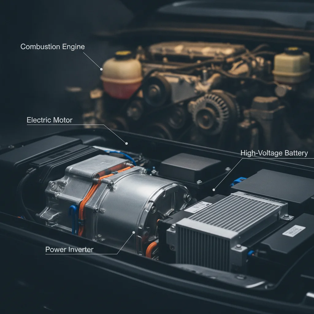 Clean electric vehicle motor bay with minimal components compared to a complex gas engine in background