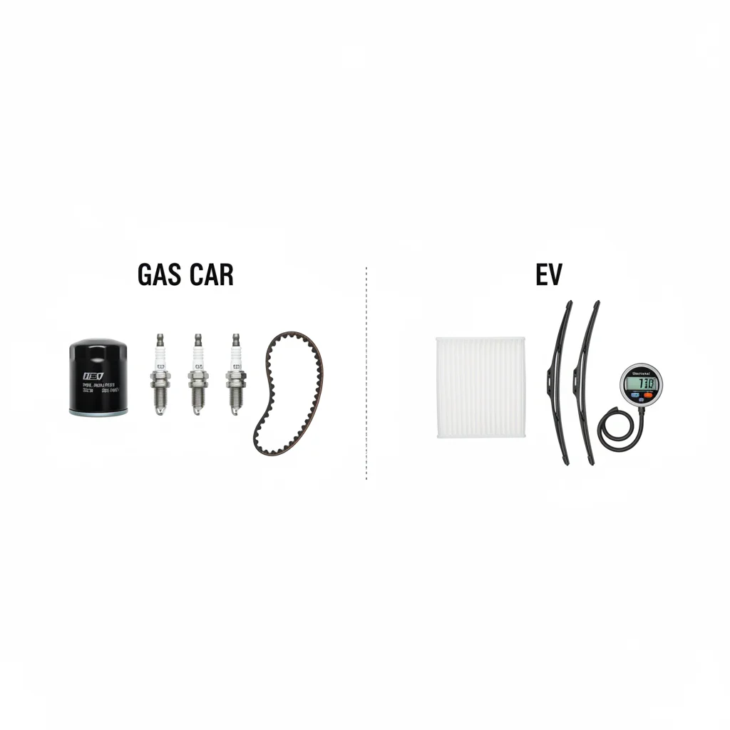 Flat-lay comparison of gas car maintenance parts versus electric vehicle maintenance items on white background