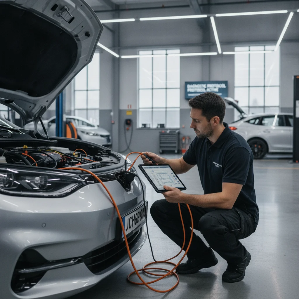 EV technician using diagnostic tablet to service a battery electric vehicle in a professional automotive shop