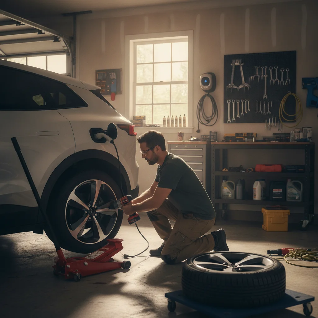Person performing a DIY tire rotation on an electric vehicle in a home garage using basic tools