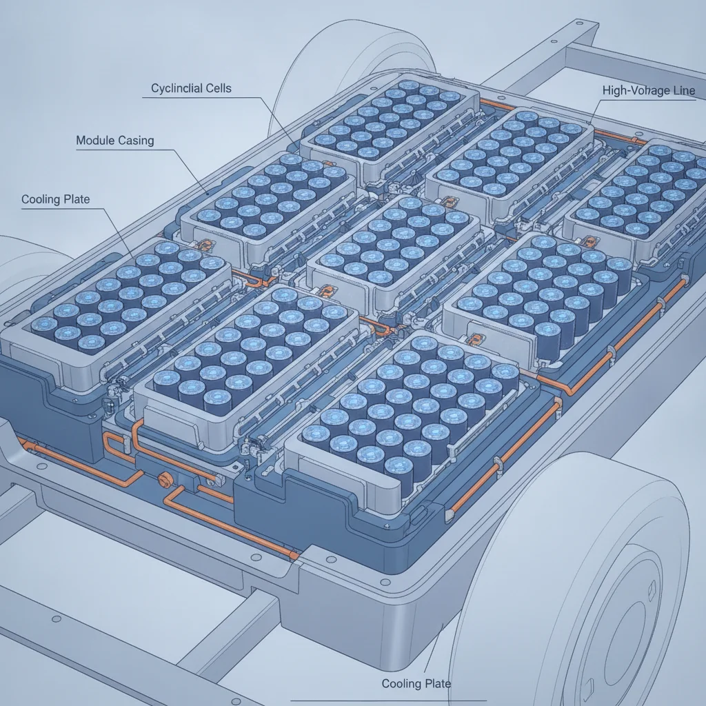 Cross-section illustration of an EV battery pack showing cells grouped into modules within a flat pack