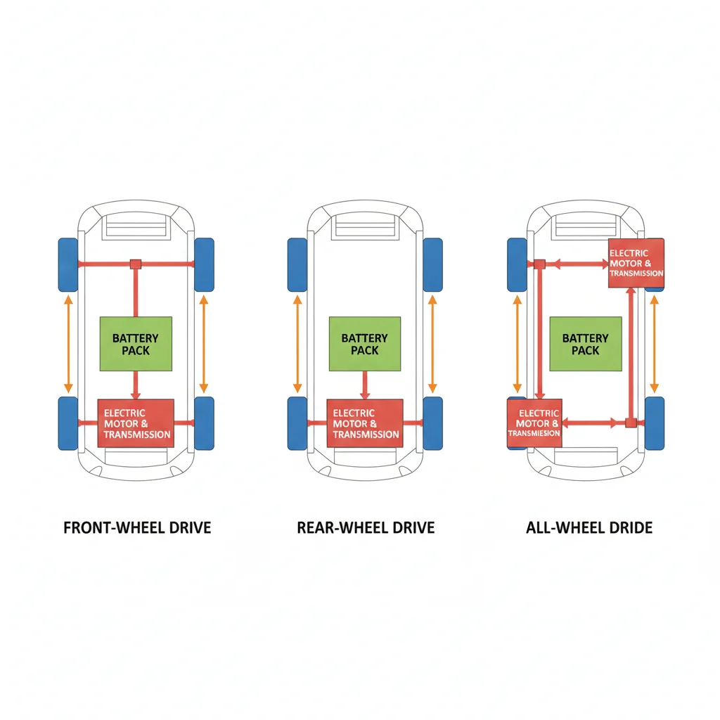 Overhead diagram comparing front-wheel drive, rear-wheel drive, and all-wheel drive electric vehicle motor configurations