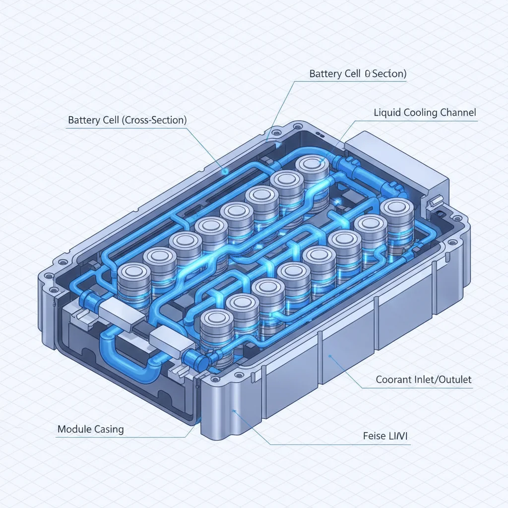 Cutaway illustration showing liquid cooling channels running through an EV battery pack to regulate temperature