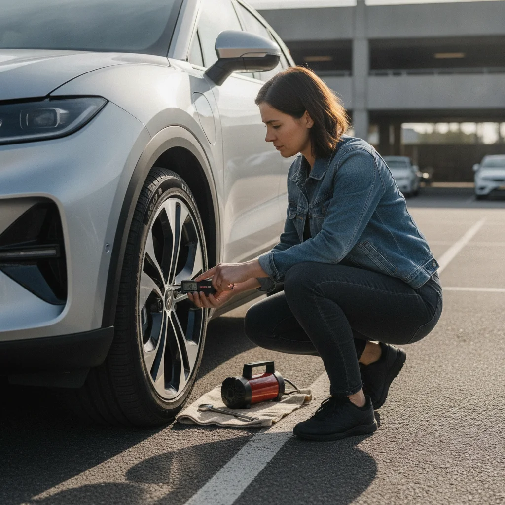 EV owner measuring tire tread depth on a modern electric SUV in a parking lot
