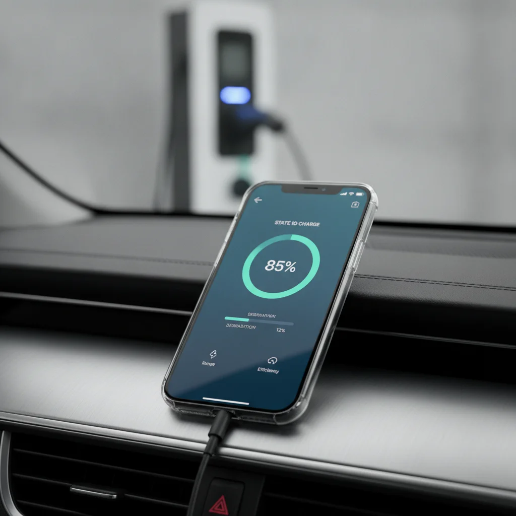 Smartphone showing EV battery health monitoring app on a car dashboard while charging