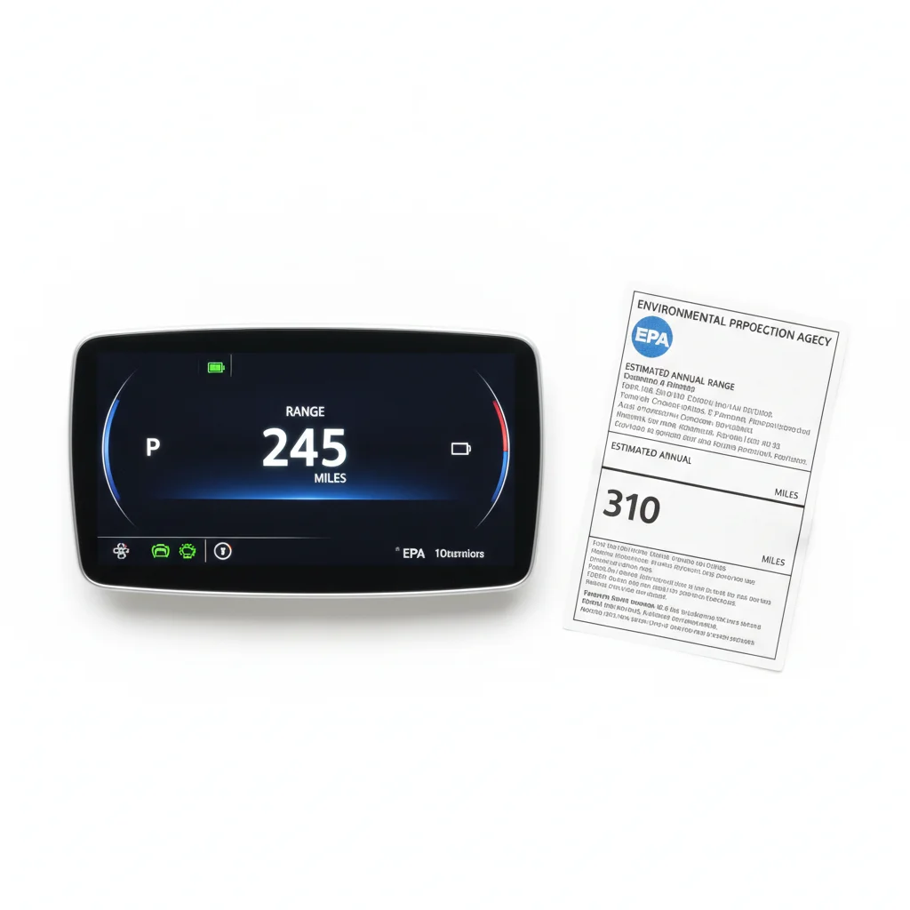 Side-by-side comparison of EPA window sticker range rating and an EV dashboard range display