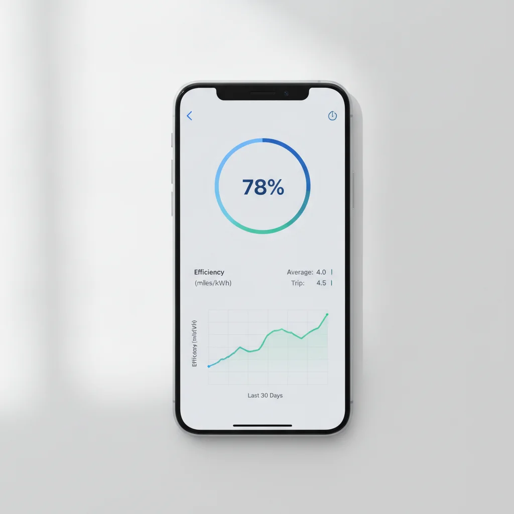 Smartphone screen showing EV battery percentage and miles per kWh efficiency tracking graph