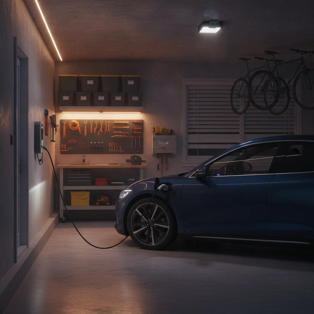 Electric vehicle charging overnight on a Level 2 home charger inside a residential garage