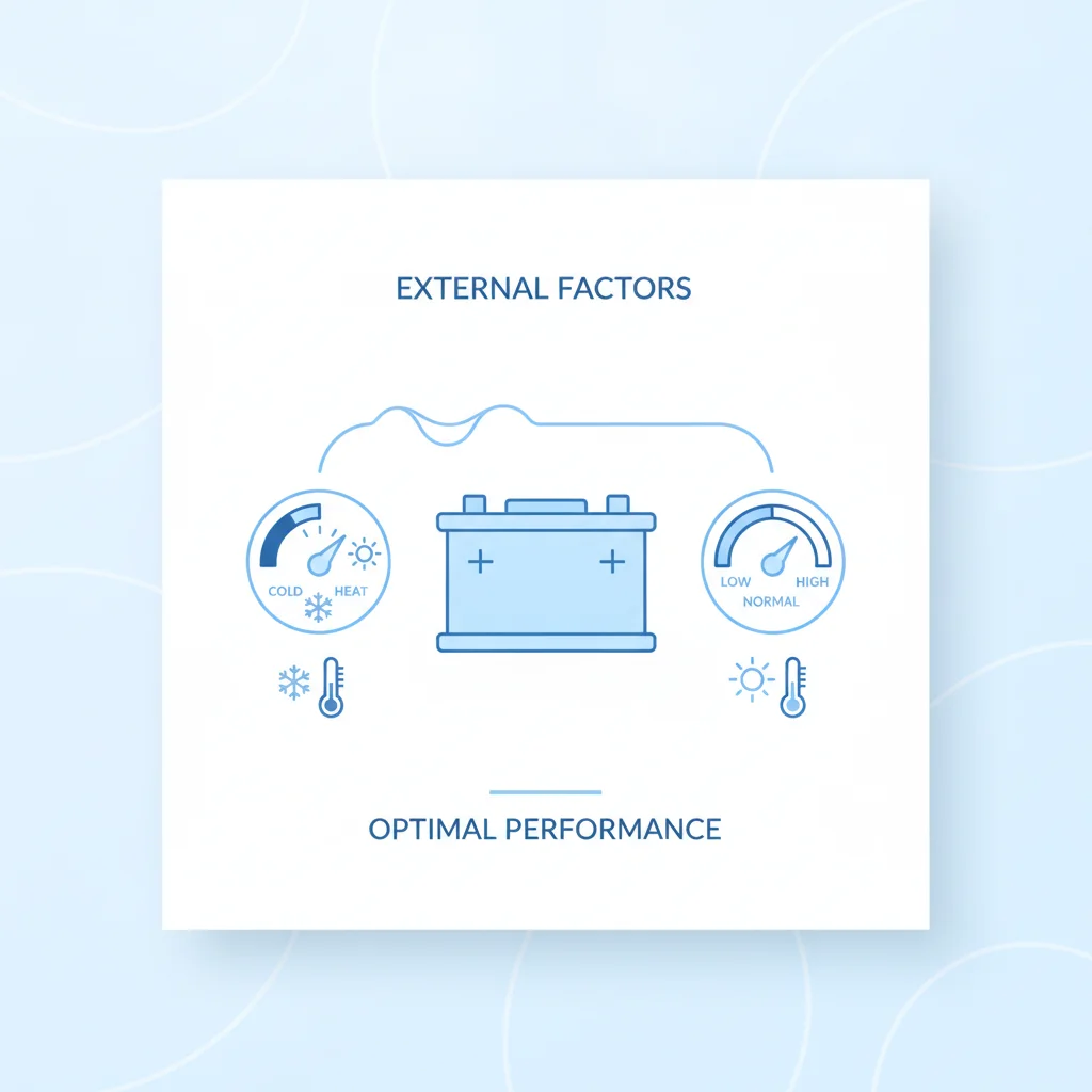 Infographic illustrating the key variables that reduce electric vehicle range including temperature, speed, and weather