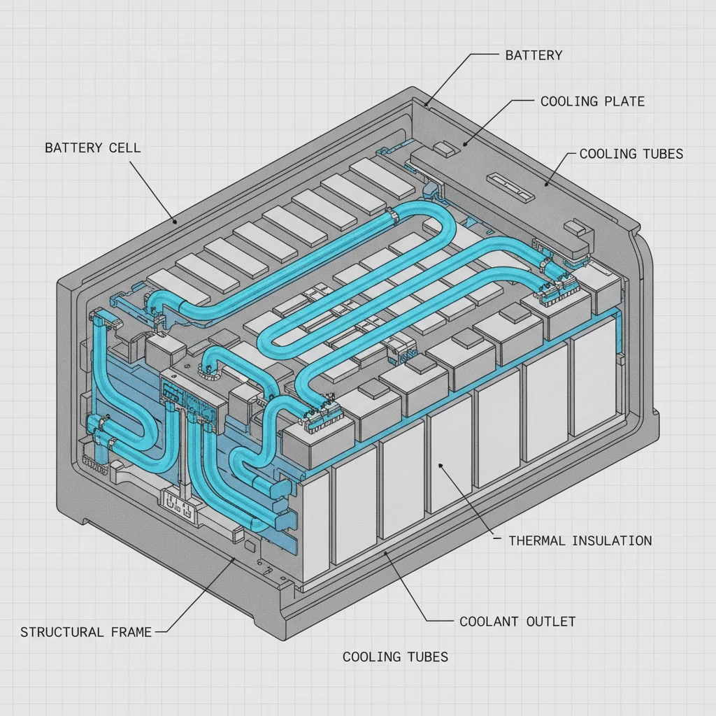 Technical cutaway illustration of an EV battery pack showing liquid cooling tubes and cell arrangement