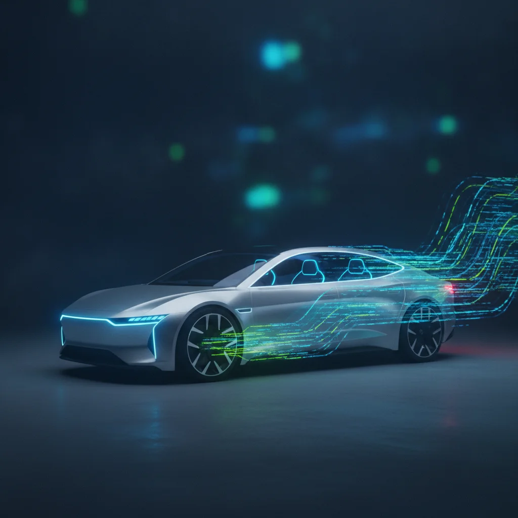 Abstract visualization of an over-the-air software update signal being received by a parked electric vehicle