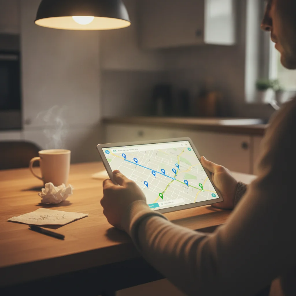 Person planning an EV road trip route on a tablet showing charging station locations along a highway