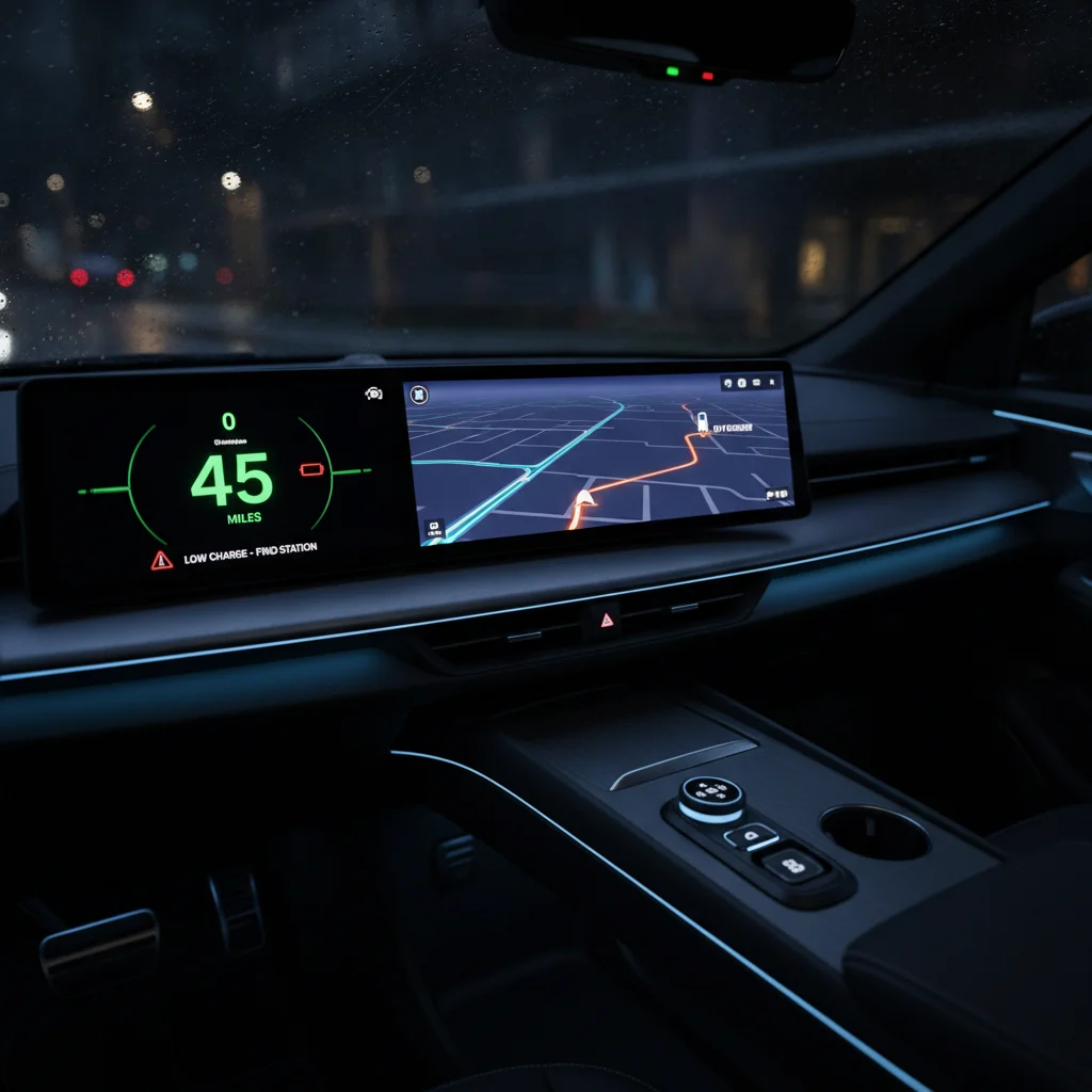 EV dashboard at night showing range estimate, navigation route, and low battery warning indicator