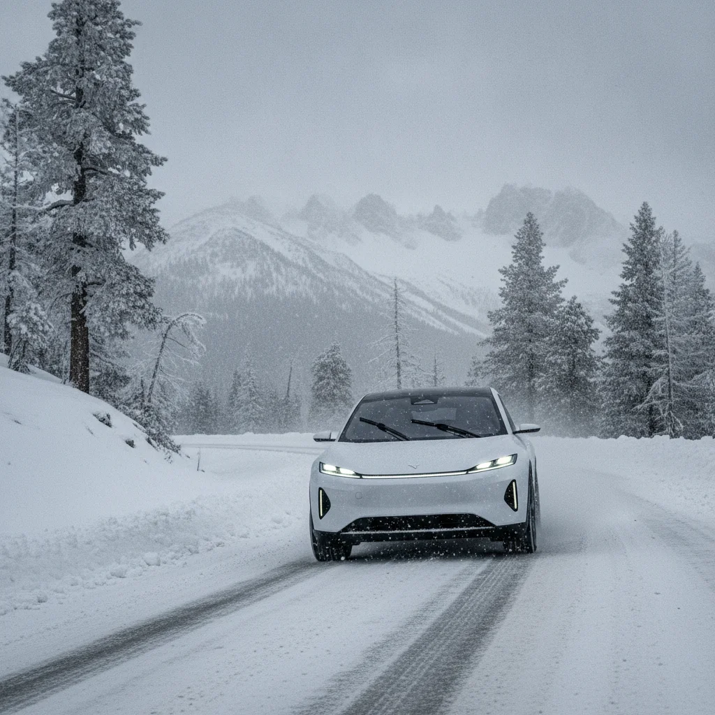 Electric vehicle driving through a snowy mountain highway in cold winter conditions