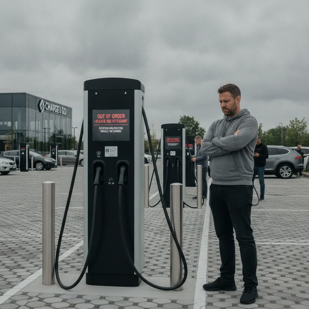 A driver standing frustrated next to a malfunctioning public DC fast charger displaying an error message