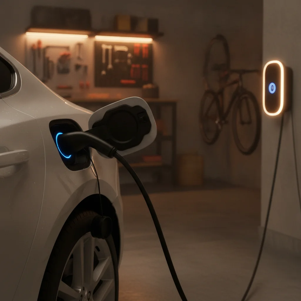 Electric vehicle charging port connected to a Level 2 home charger in a clean residential garage at night