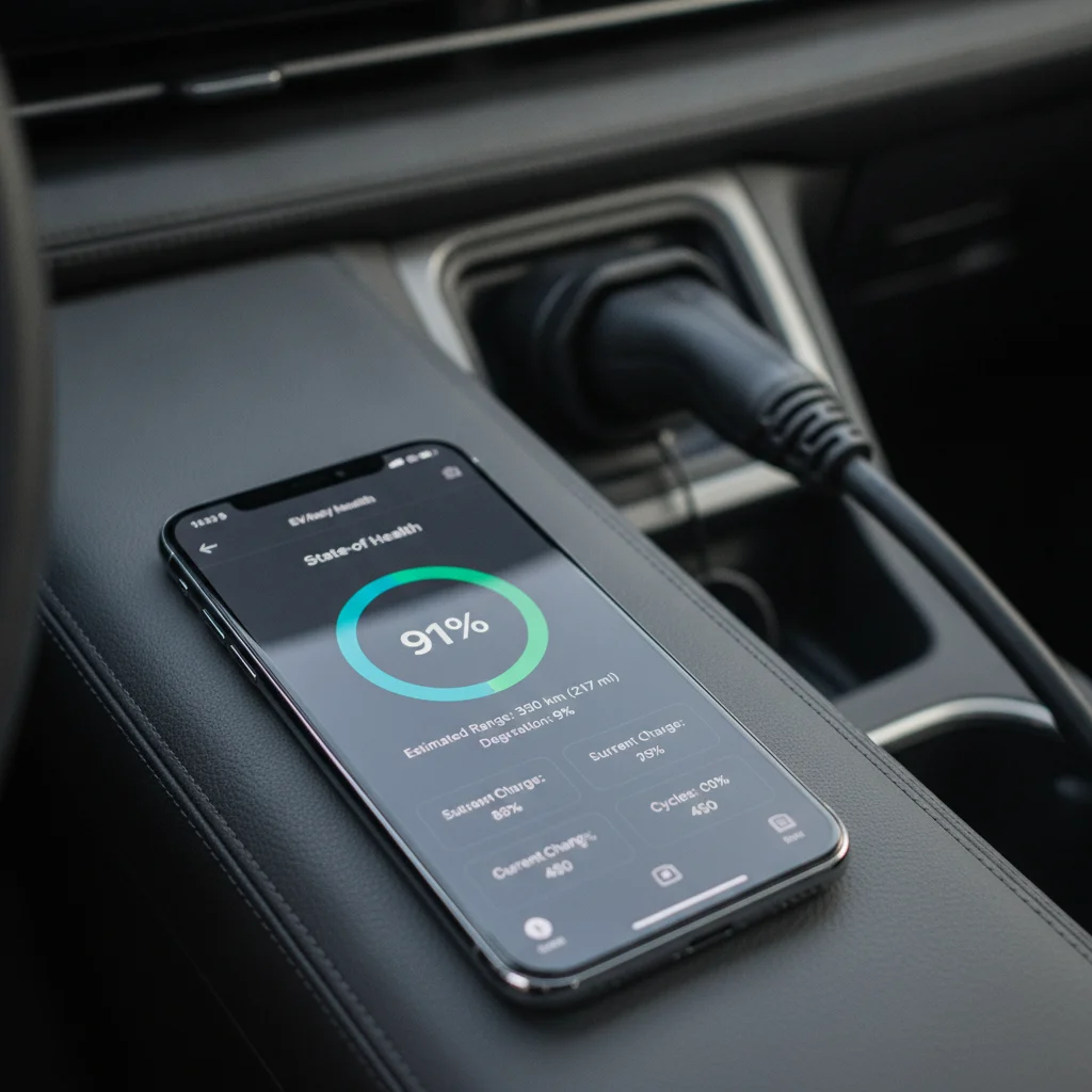 Smartphone showing an EV battery state-of-health reading of 91% on a car dashboard