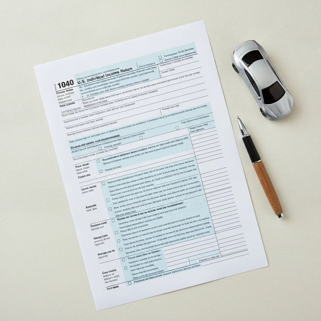 IRS Form 1040 with a pen and a small electric car model beside it on a desk