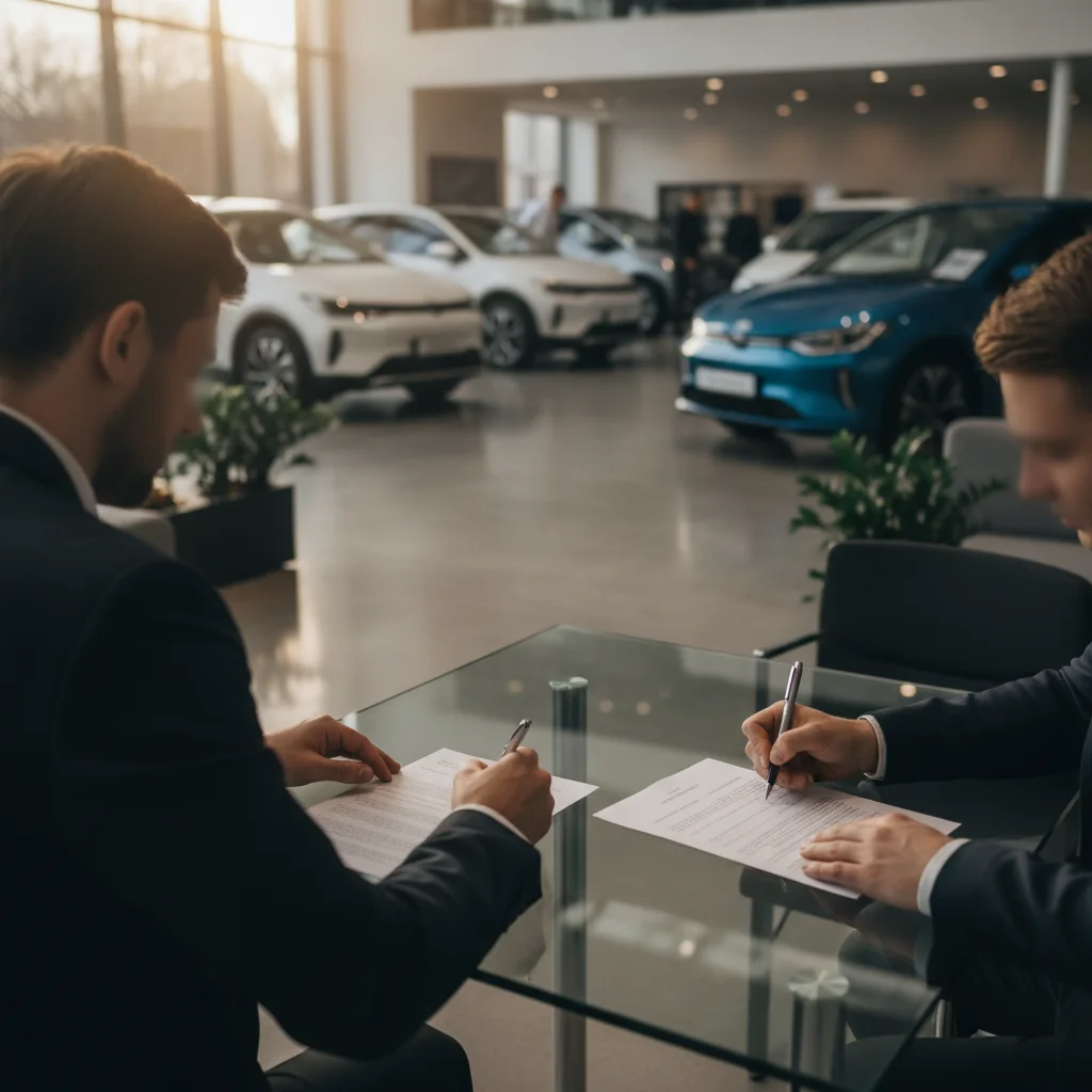 Buyer and dealer reviewing and signing EV purchase documents at a dealership counter