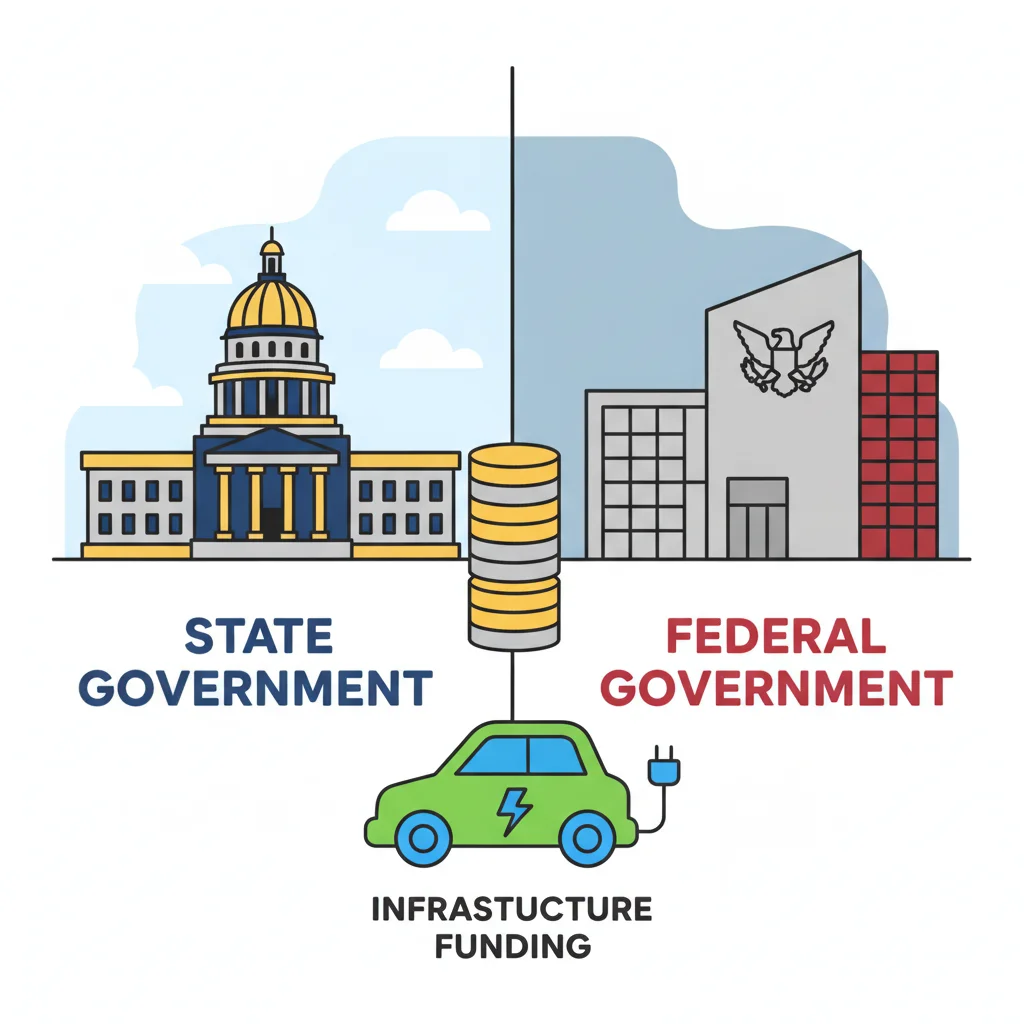 Illustration showing stacked federal and state EV incentive coins connecting government buildings