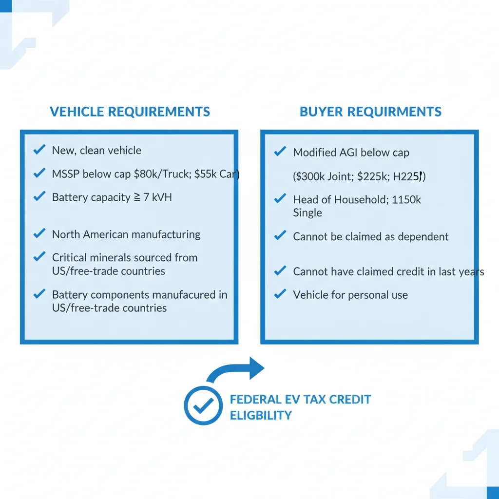 Infographic showing dual eligibility requirements for the federal EV tax credit — vehicle and buyer columns