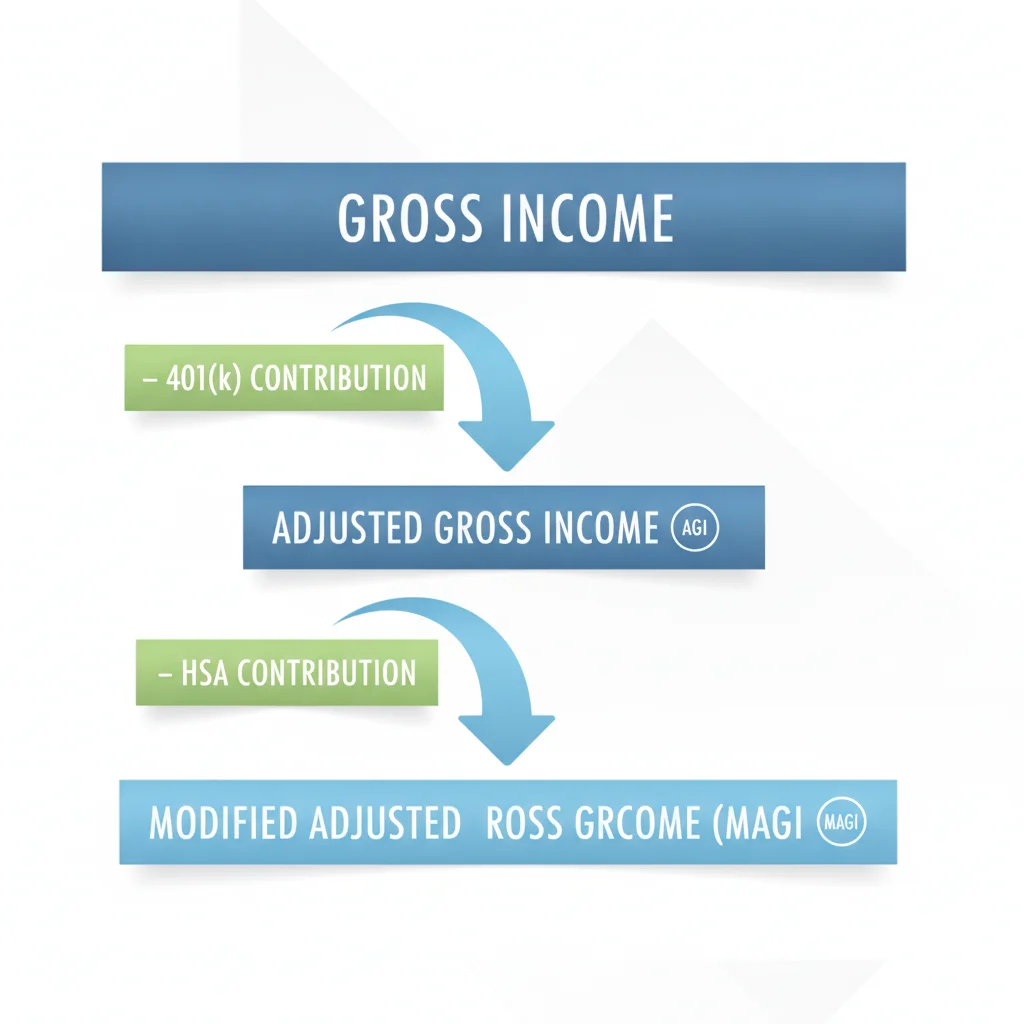 Step-down chart illustrating how pre-tax 401k and HSA contributions reduce gross income to a lower MAGI figure