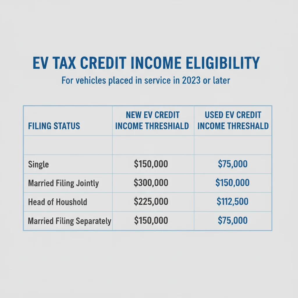 Visual table comparing EV tax credit income thresholds by filing status for new and used vehicles