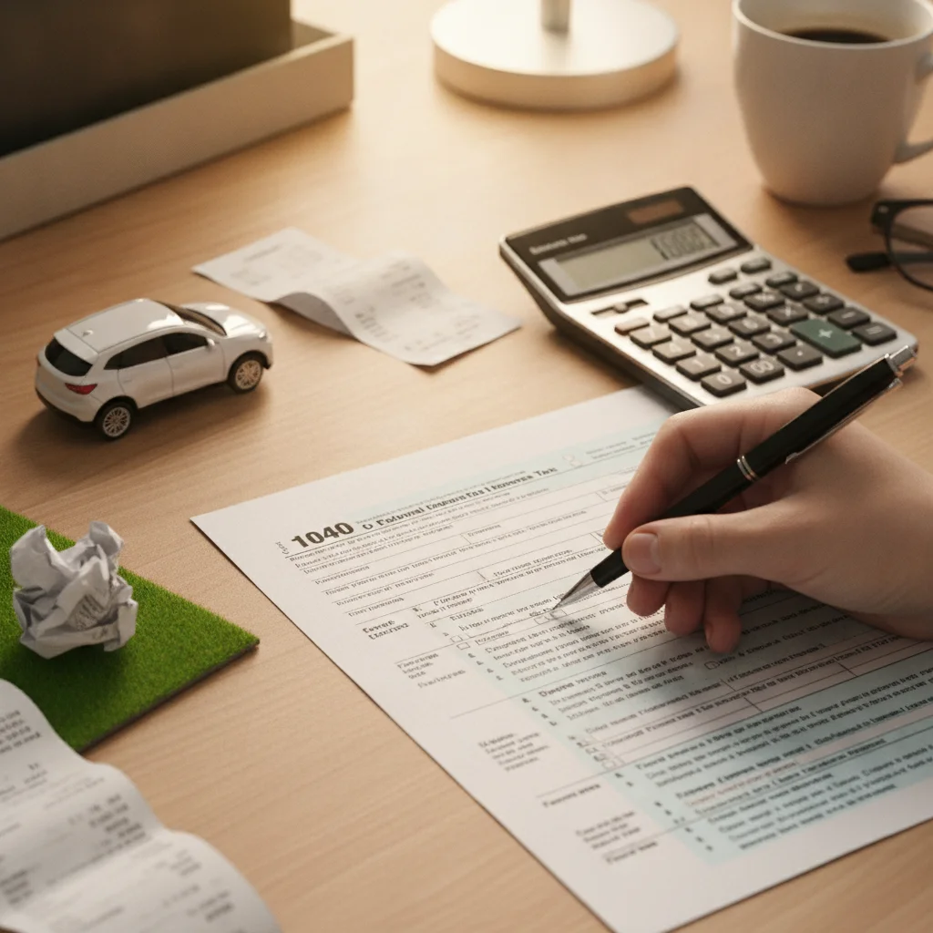 Tax form and miniature electric vehicle model on a desk with a calculator and pen.