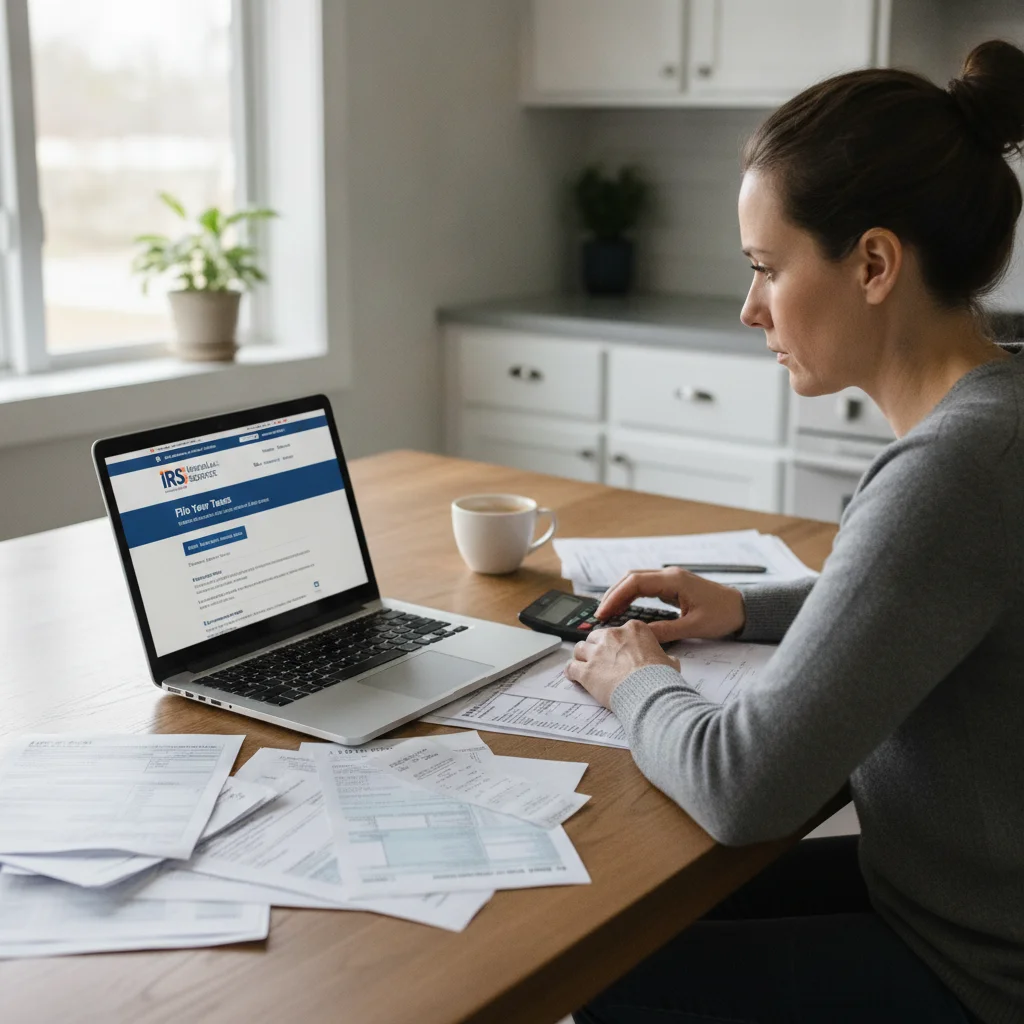 Person reviewing IRS EV tax credit eligibility on a laptop with financial documents at a home table.
