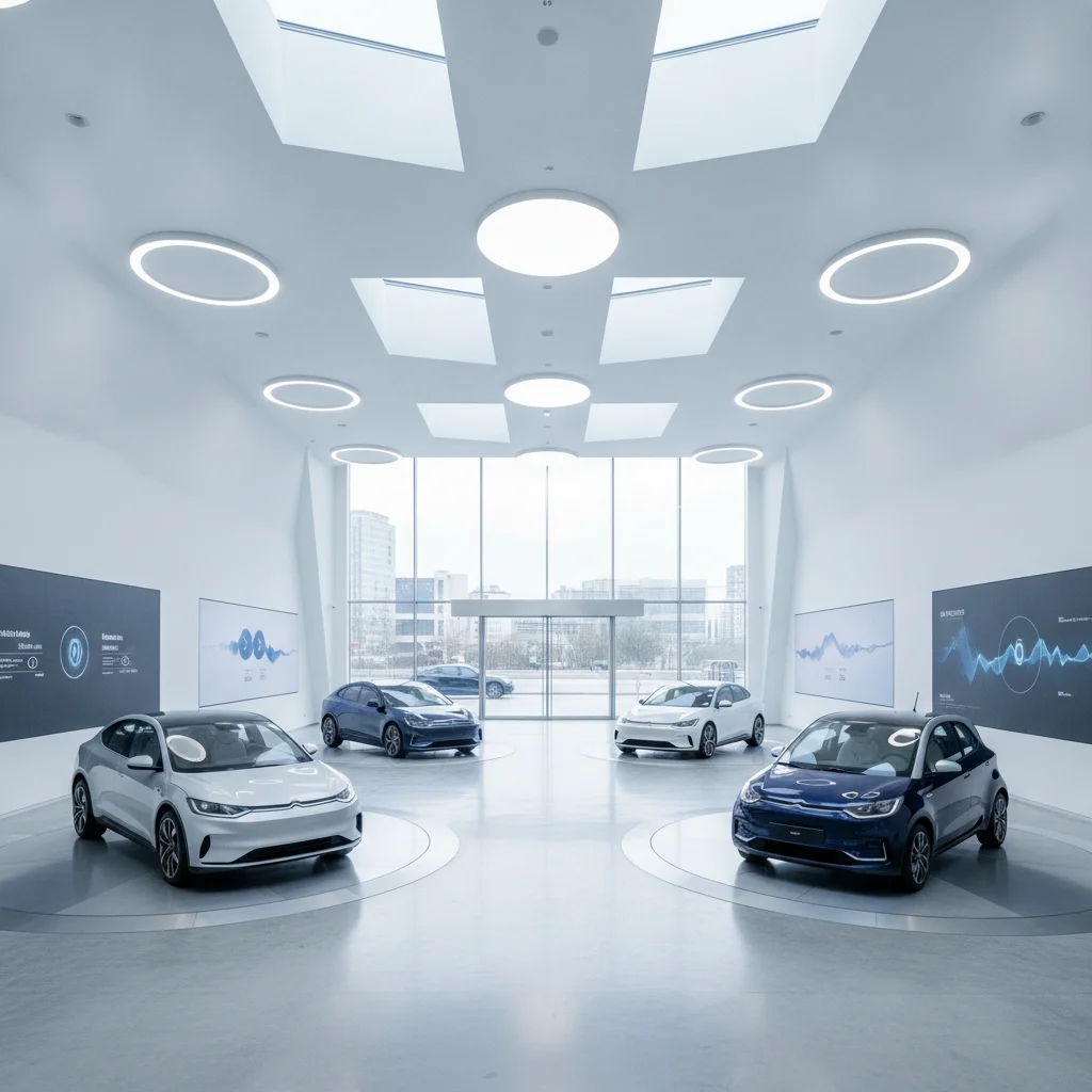 Modern electric vehicle showroom with multiple EV models on display under bright white lighting.