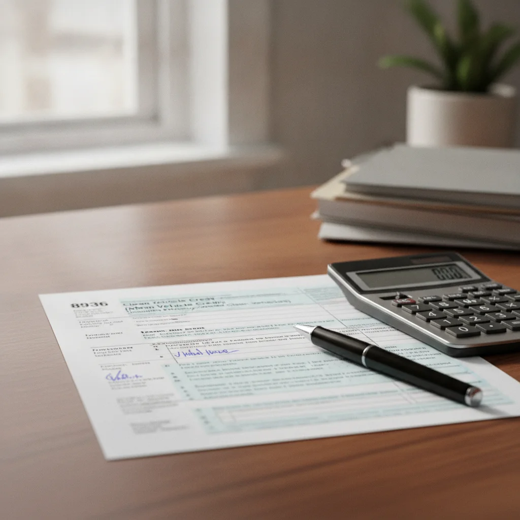 IRS Form 8936 for the Clean Vehicle Credit with a calculator and pen on a desk