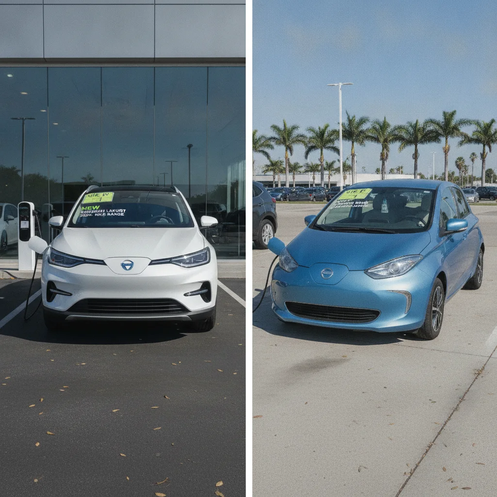 New electric SUV and used electric hatchback parked side by side in a dealership lot