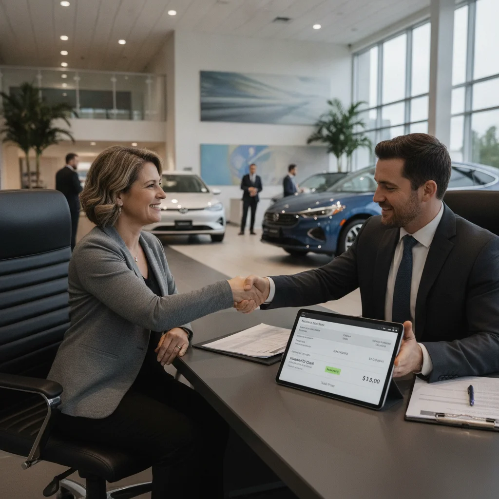 Car buyer and dealership finance manager reviewing point-of-sale EV credit applied to purchase price on a tablet