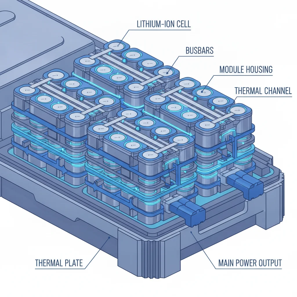 Technical diagram showing the layered cell and module structure of an electric vehicle battery pack