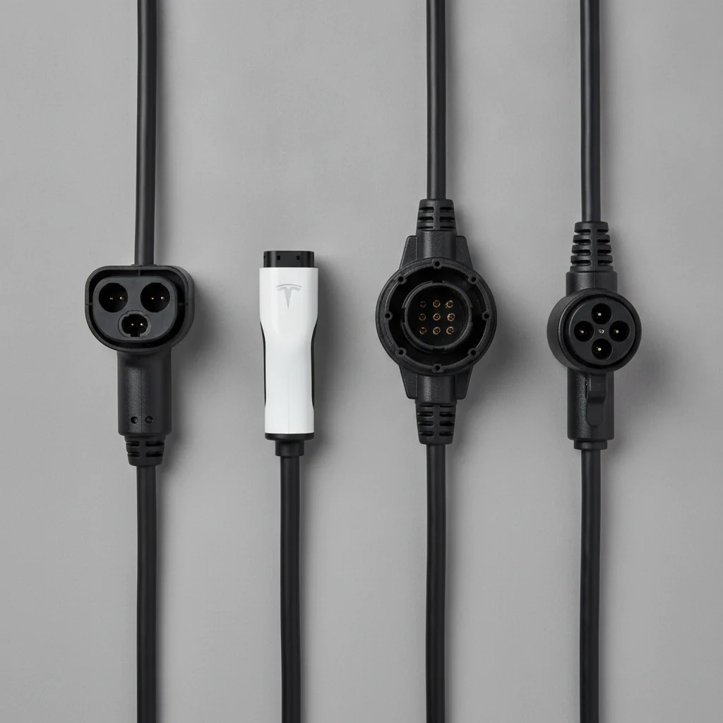 Four EV charging connector types — CCS1, NACS, CHAdeMO, and J1772 — displayed side by side on a grey surface