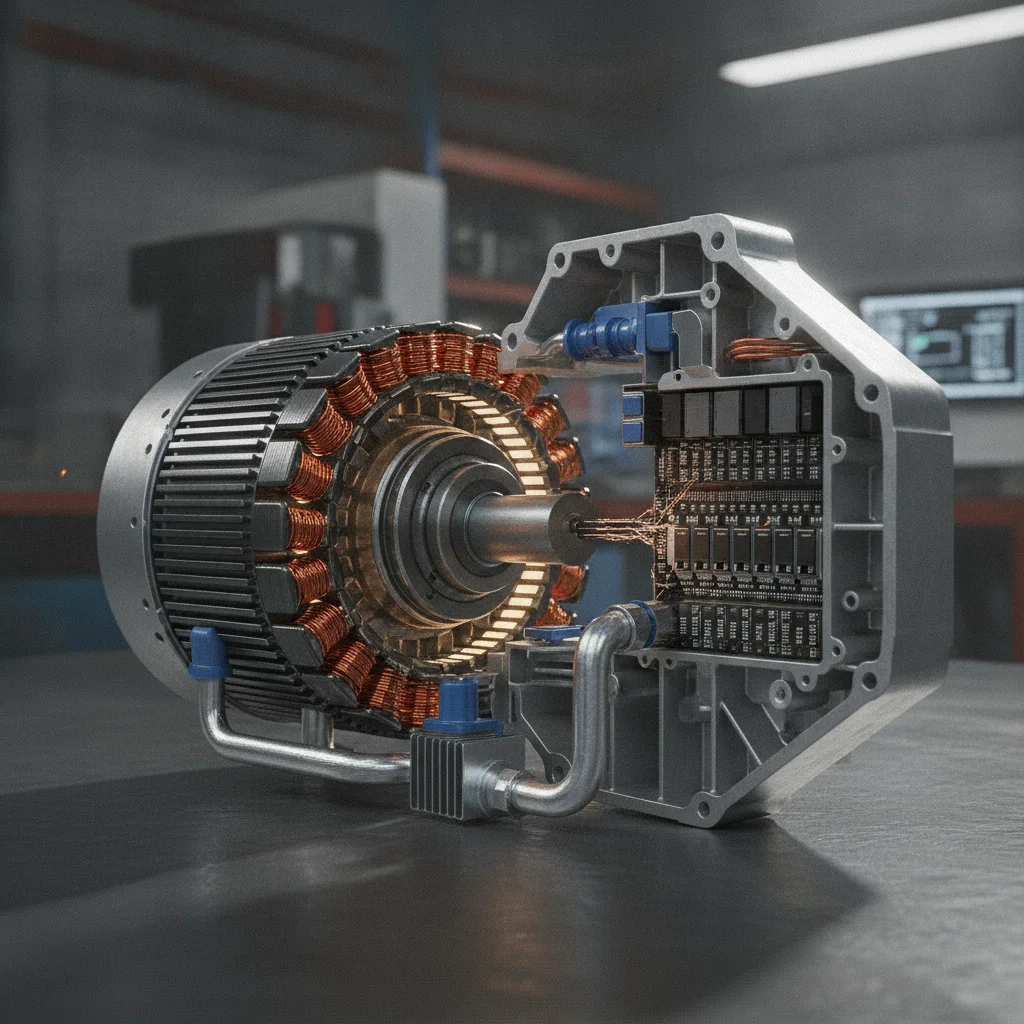Cutaway view of an electric vehicle motor showing rotor, stator, and integrated inverter components