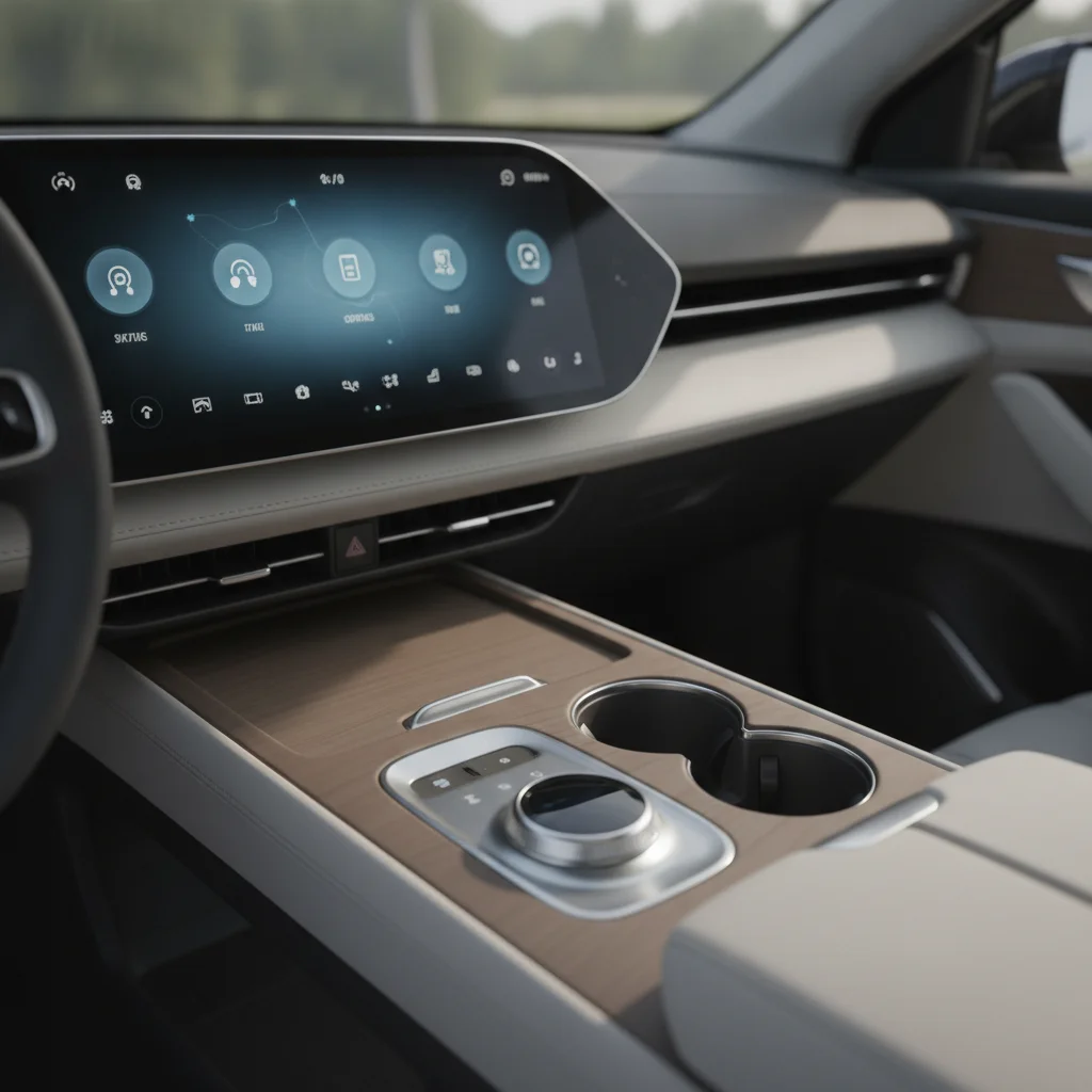 Electric vehicle interior showing touchscreen interface where a traditional ignition cylinder would be absent