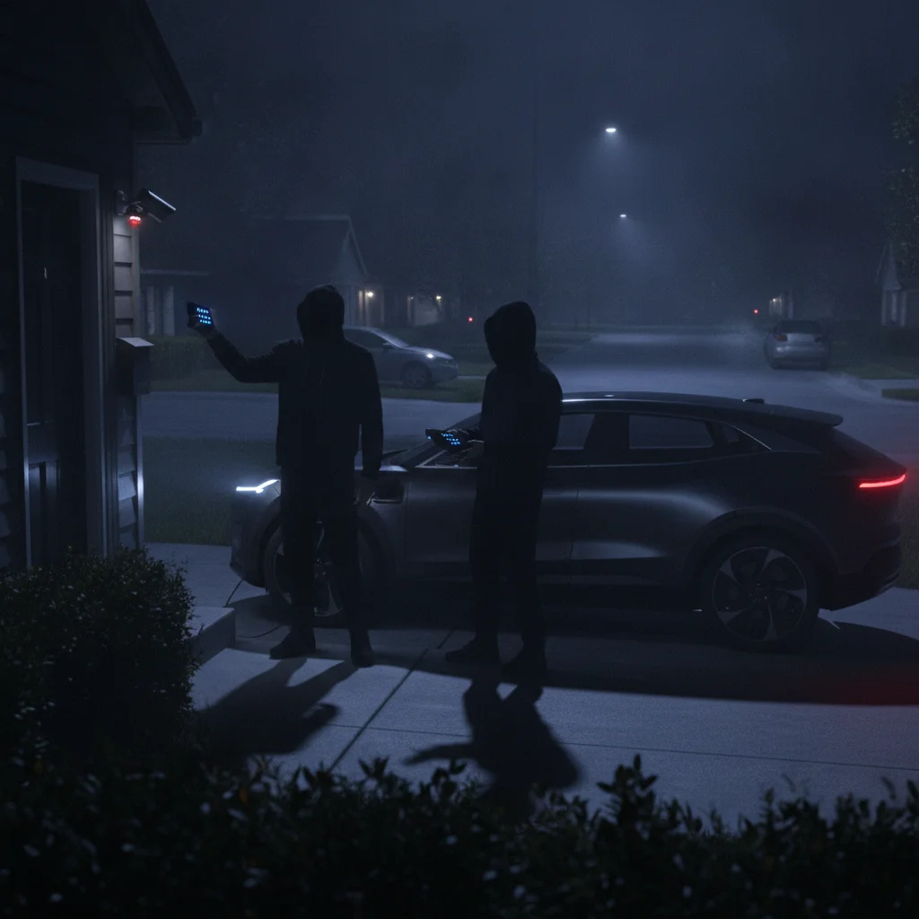 Two figures near a parked electric vehicle at night conducting a relay attack on keyless entry system